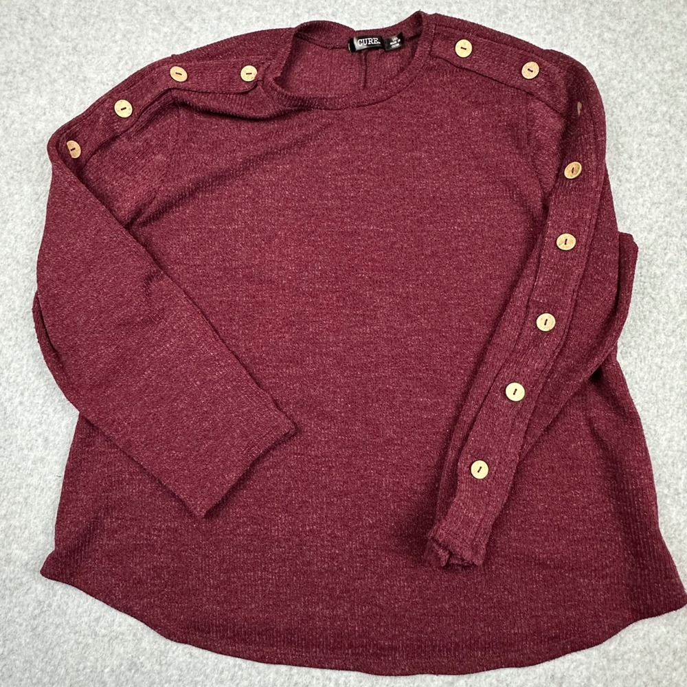 CURE Burgundy Button Shoulder Knit Top Womens 1XL Heathered 3/4 Sleeve Q4-3777